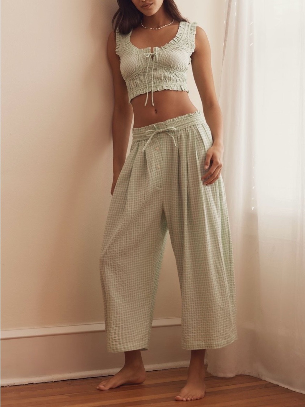 Anthropologie Light Green Gingham Cropped Pajama Set